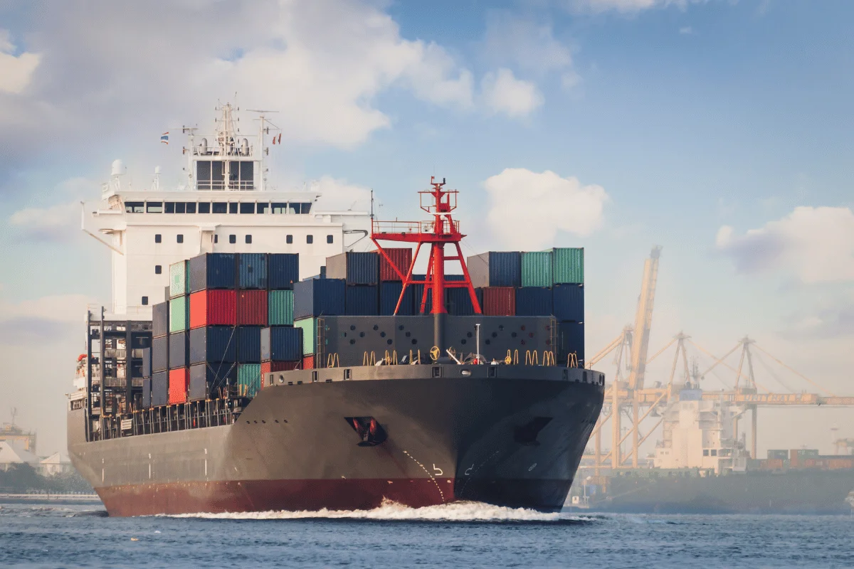 Large container vessel transporting goods in international waters.