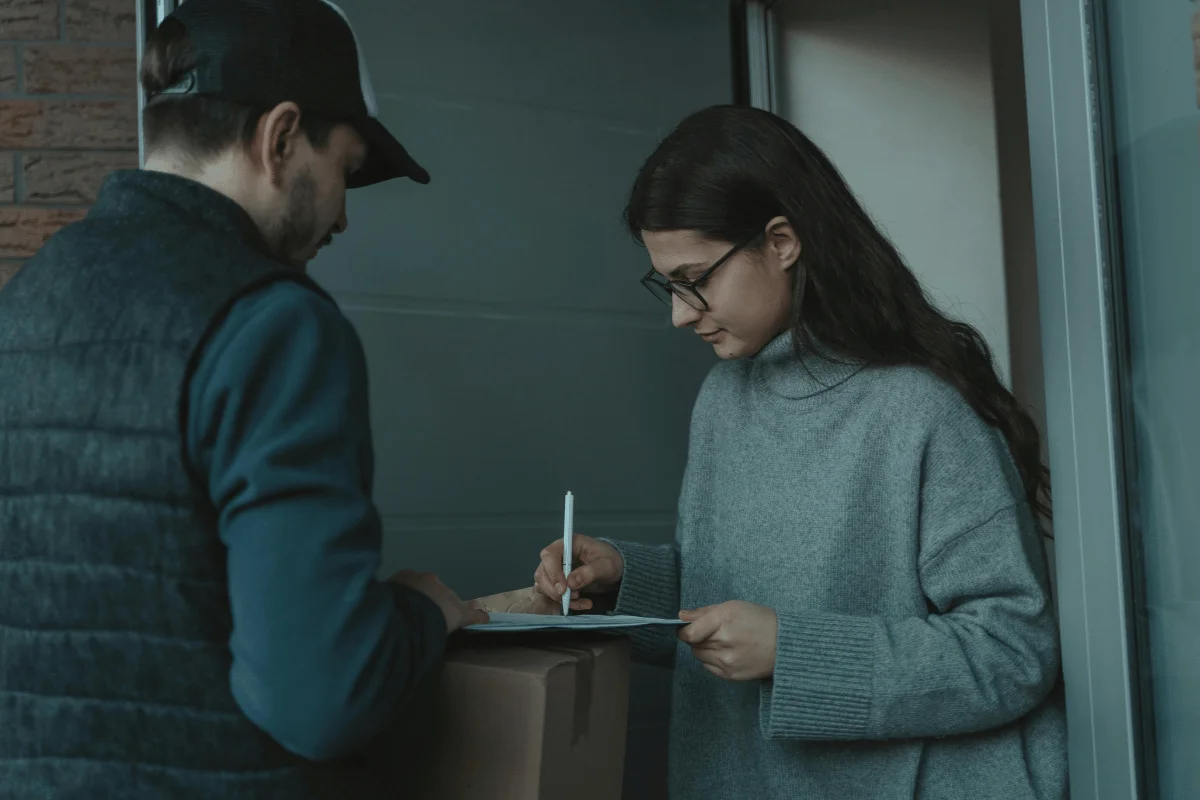 A woman in a gray sweater signs for a package on a notepad held by a delivery person at a door, with a cardboard box nearby.