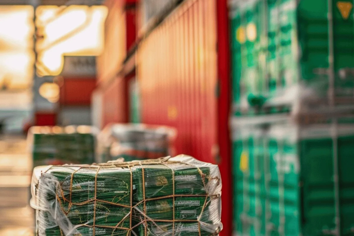 An Importer's Guide to CMT Clothing Manufacturers 6 Industrial pallet stacked with products in plastic wrap and rope.