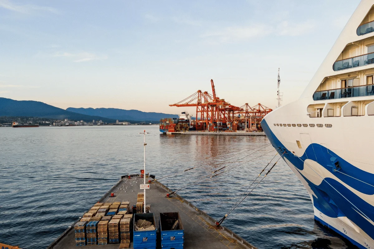 Cruise ship moored at a port with a view of cargo operations and cranes.