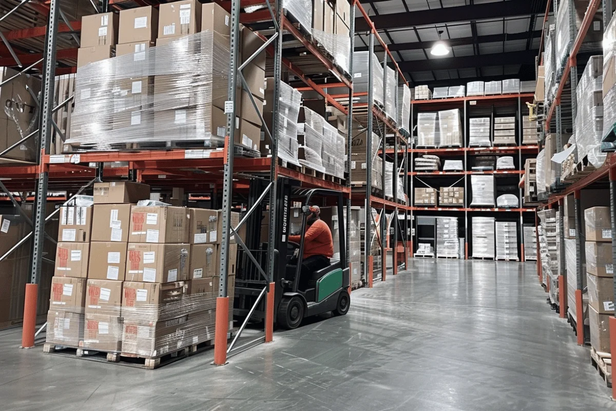 Worker operating a forklift in a large warehouse filled with stacked boxes.