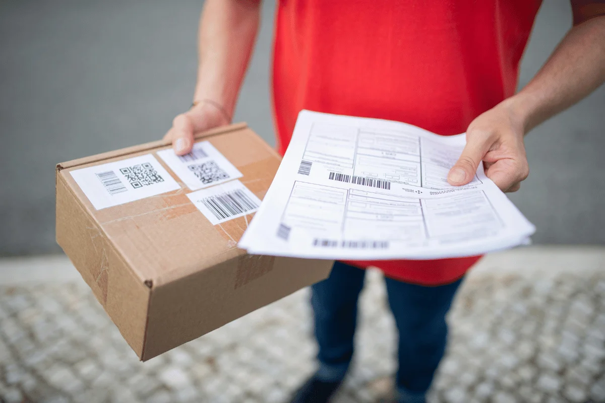 Person in red shirt holding a parcel and delivery paperwork.
