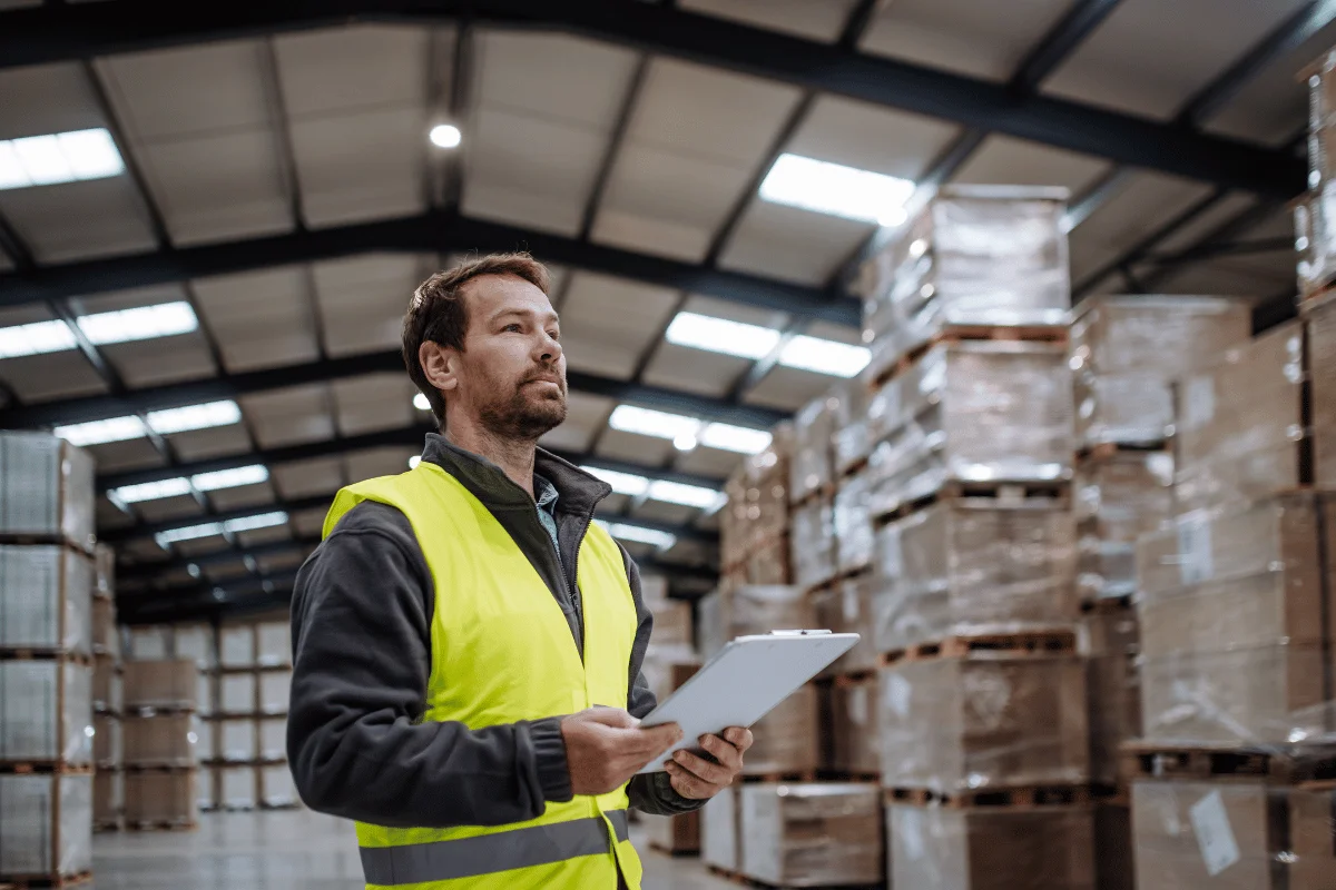 Warehouse supervisor conducting a stock audit in a large storage facility.