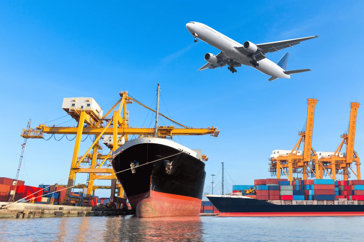 International shipping and logistics with a container ship and an airplane in transit.