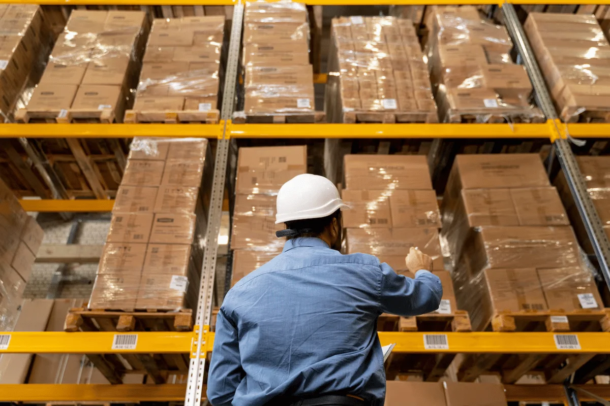 Worker in hard hat conducting inventory check in a warehouse.