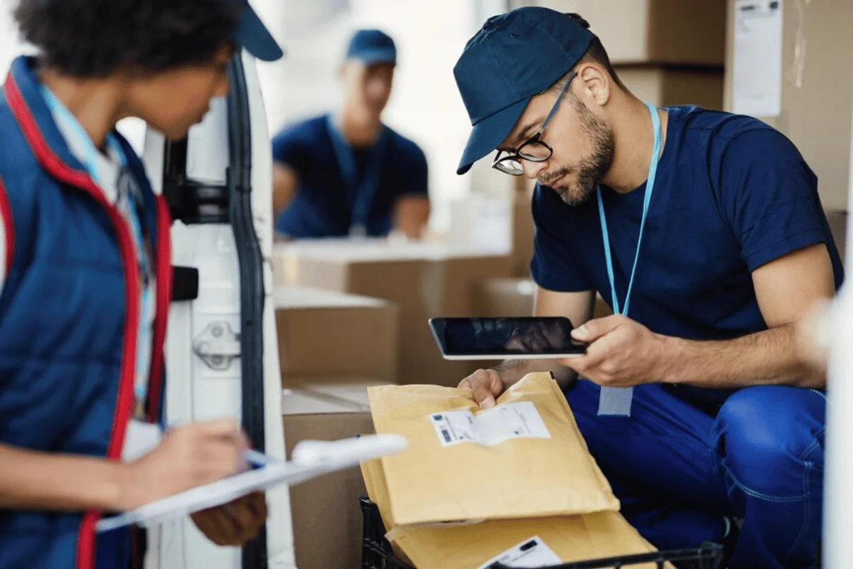 Delivery workers scanning packages and updating data on tablet.