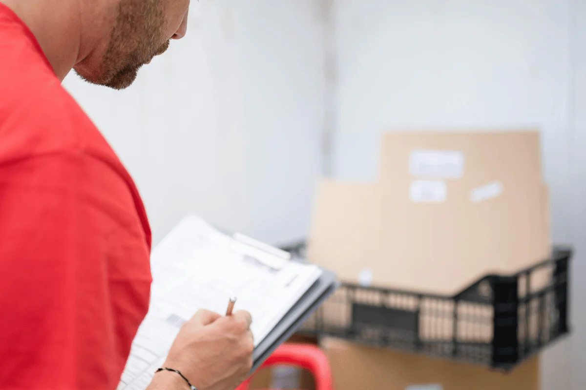 A man in red writing on a clipboard, checking inventory in a warehouse with boxes and a black crate.
