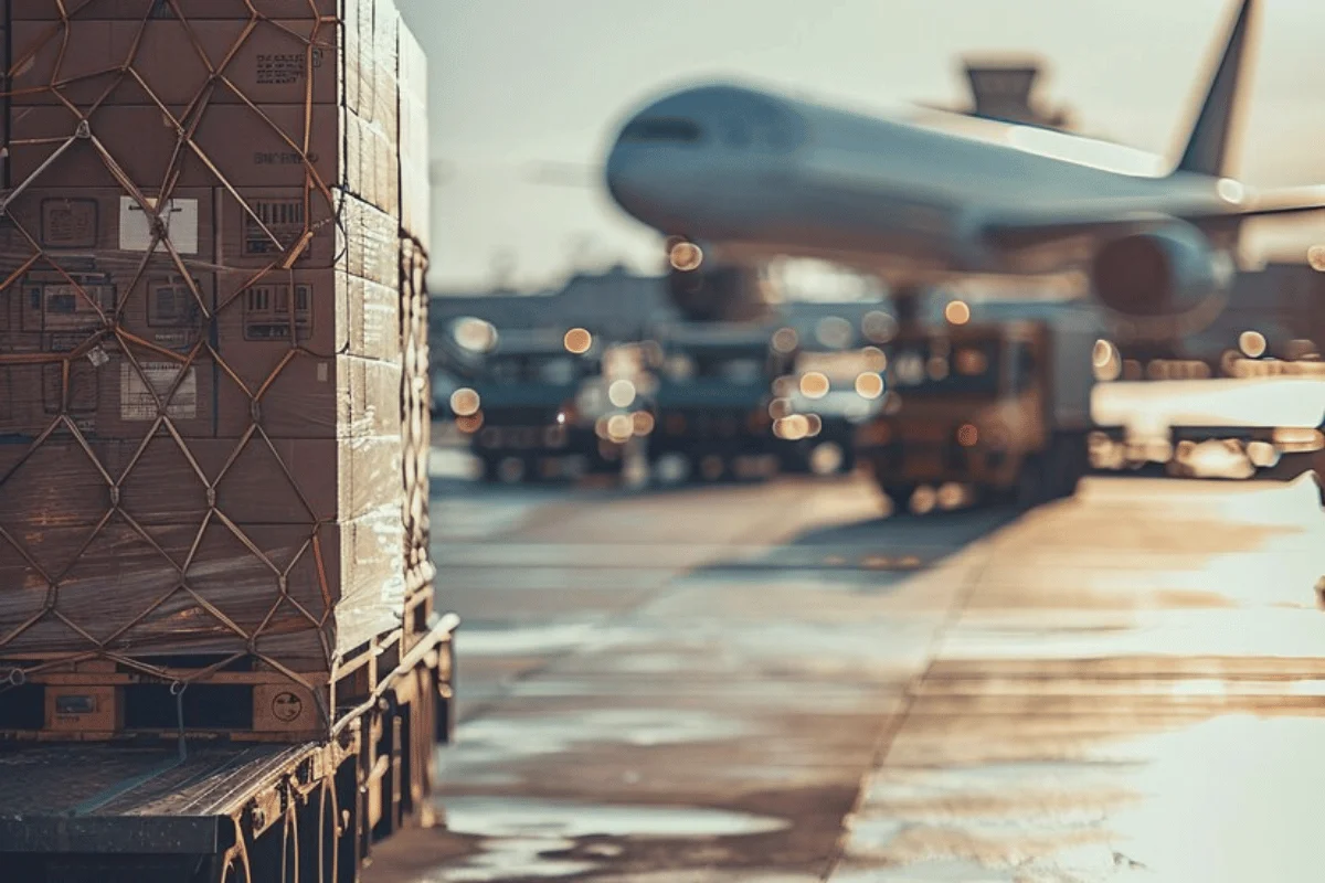 Stacked cargo pallets at an airport, with a plane and ground vehicles visible.