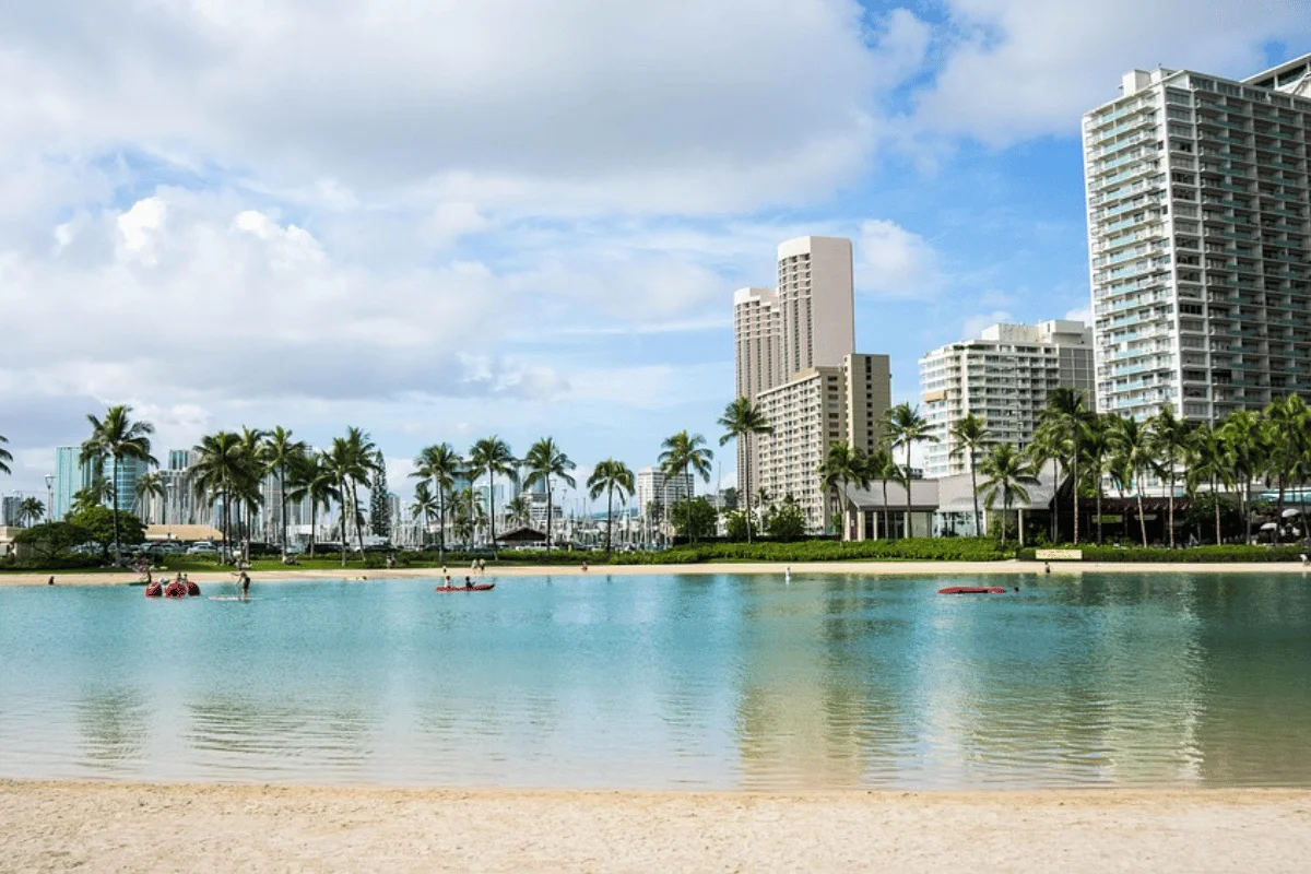 Lagoon with people paddleboarding against a backdrop of skyscrapers and palm trees.