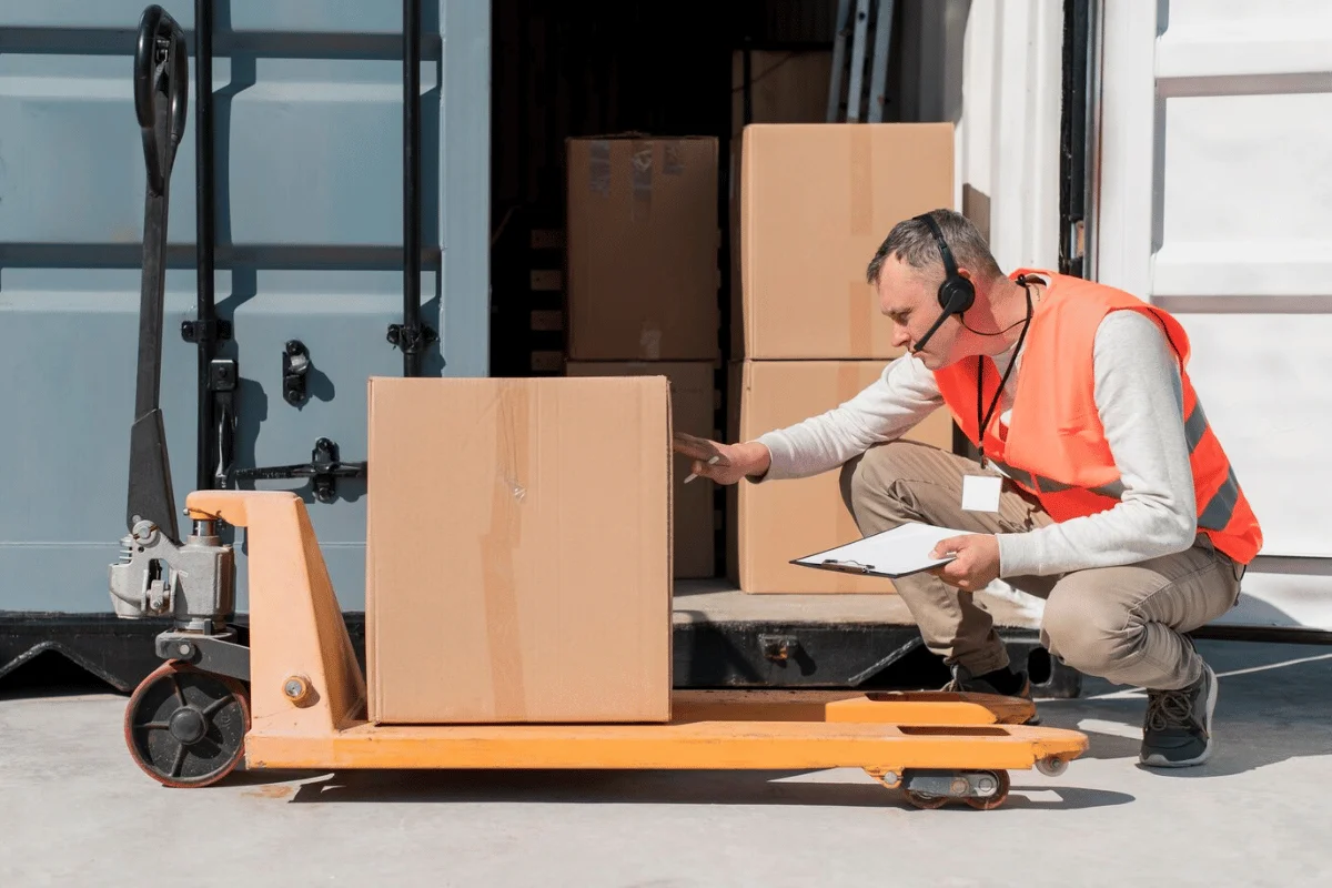 A warehouse worker in an orange safety vest checks paperwork while kneeling beside a pallet jack with a box.
