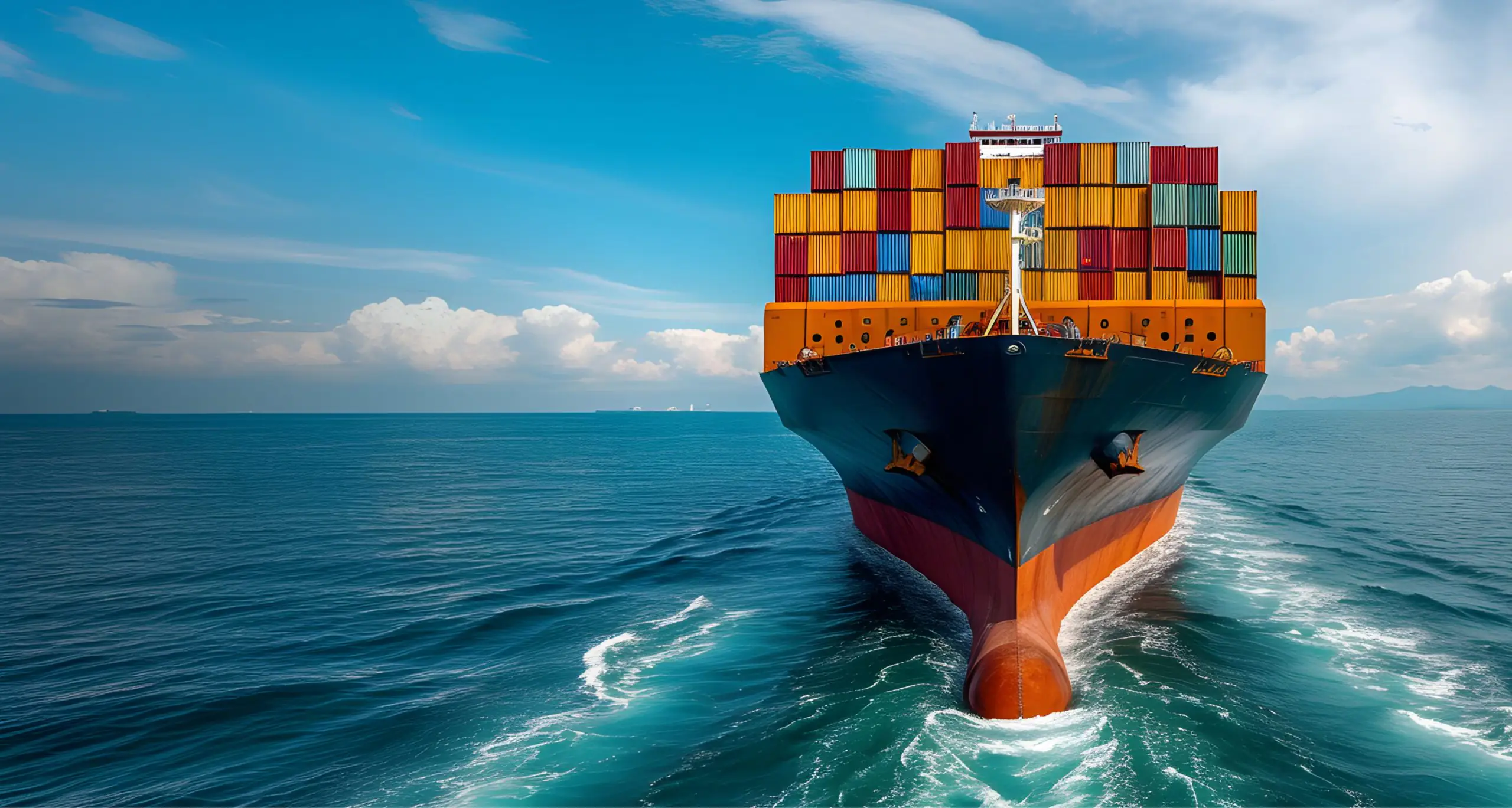 A large cargo ship carrying colorful shipping containers, sailing through the ocean. This image represents freight forwarding and global logistics.