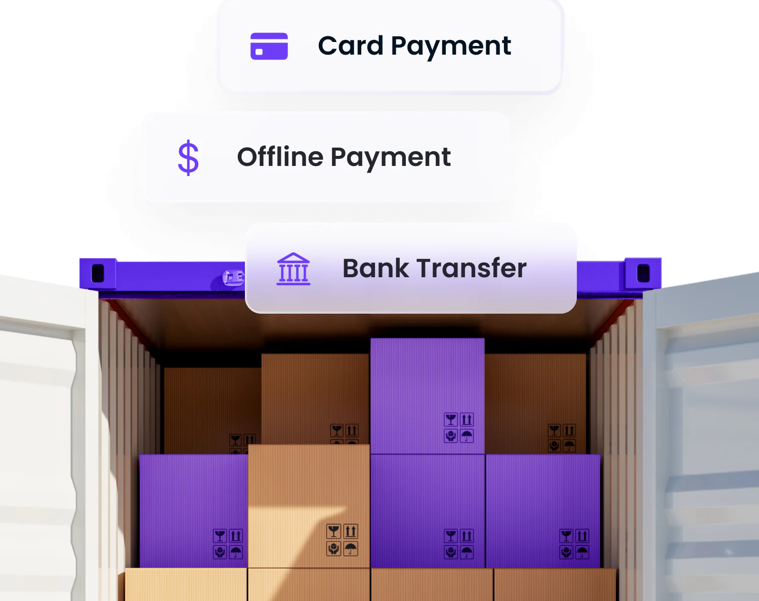 A shipping container filled with stacked parcels, some highlighted in purple, representing LCL (Less than Container Load) shipping services. Above the container, payment options such as card payment, offline payment, and bank transfer are displayed, emphasizing flexible freight payment solutions for businesses.